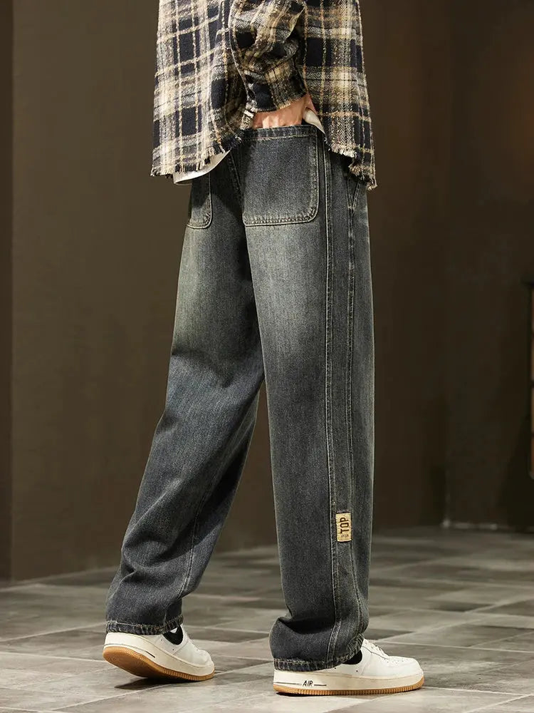 Korean Loose Wide Legs Jeans Men's Vintage Wash Denim Pants Fashion Streetwear Casual Baggy Straight Male Trousers HALALZEN