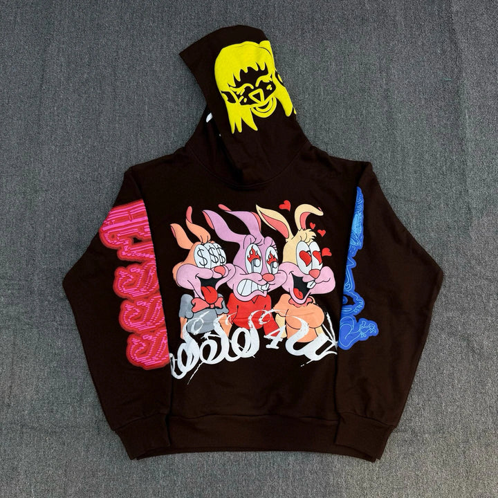 Cartoon Rabbit Foamed Print Hoodie American Street Sle Drake Related Loose Fit Long Sve Sweatirt for Youth