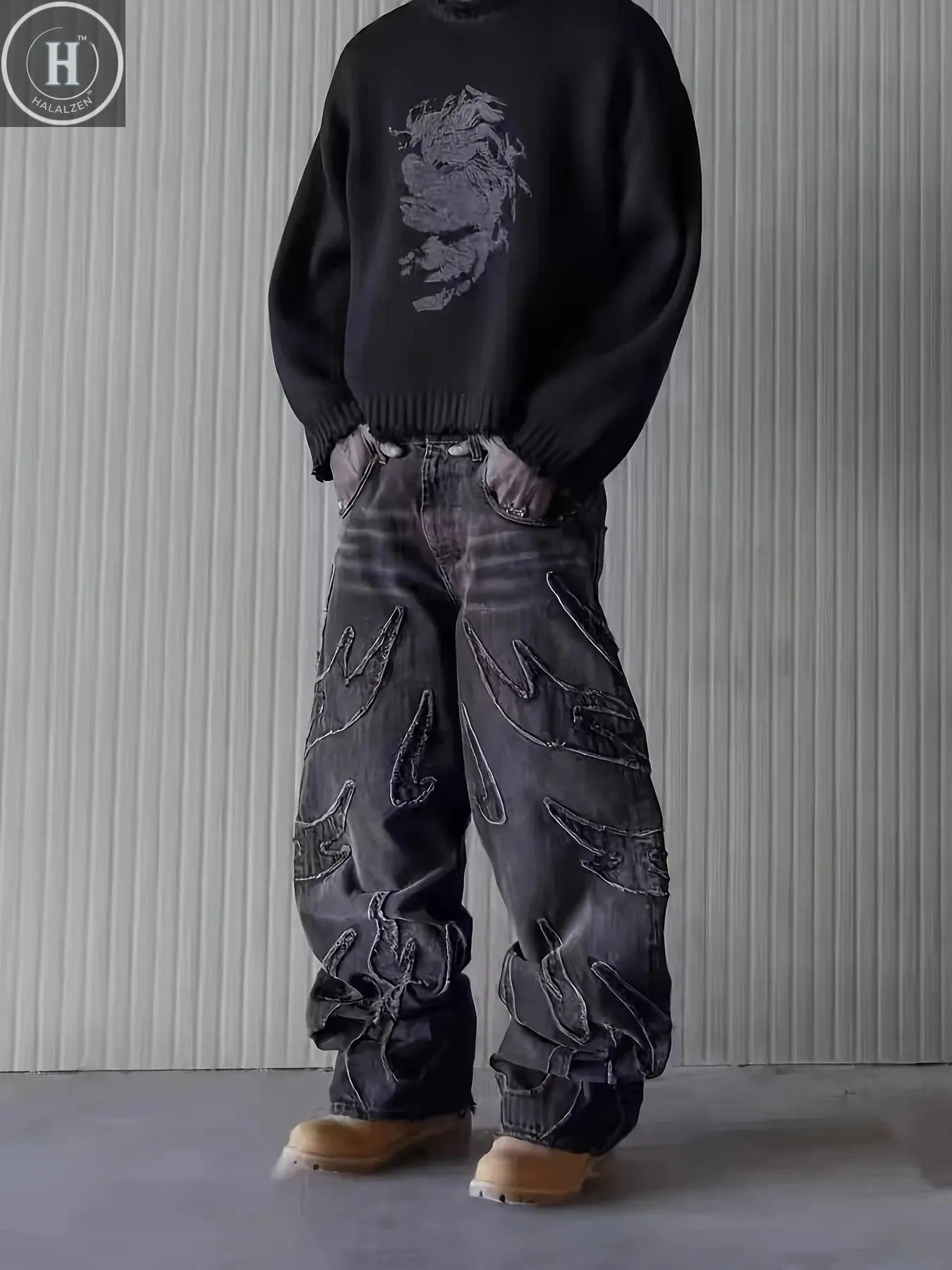 European and American Embroidered Street Graffiti Wide-Leg Jeans for Men, Loose Flame Vintage-Style Casual Trousers Halalzen UK