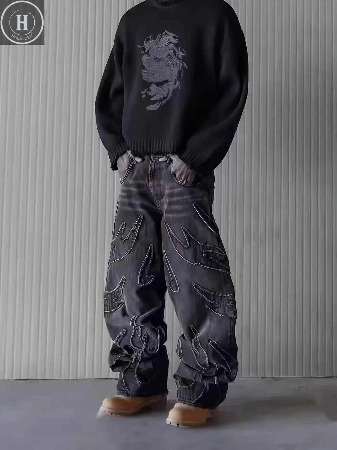 European and American Embroidered Street Graffiti Wide-Leg Jeans for Men, Loose Flame Vintage-Style Casual Trousers Halalzen UK