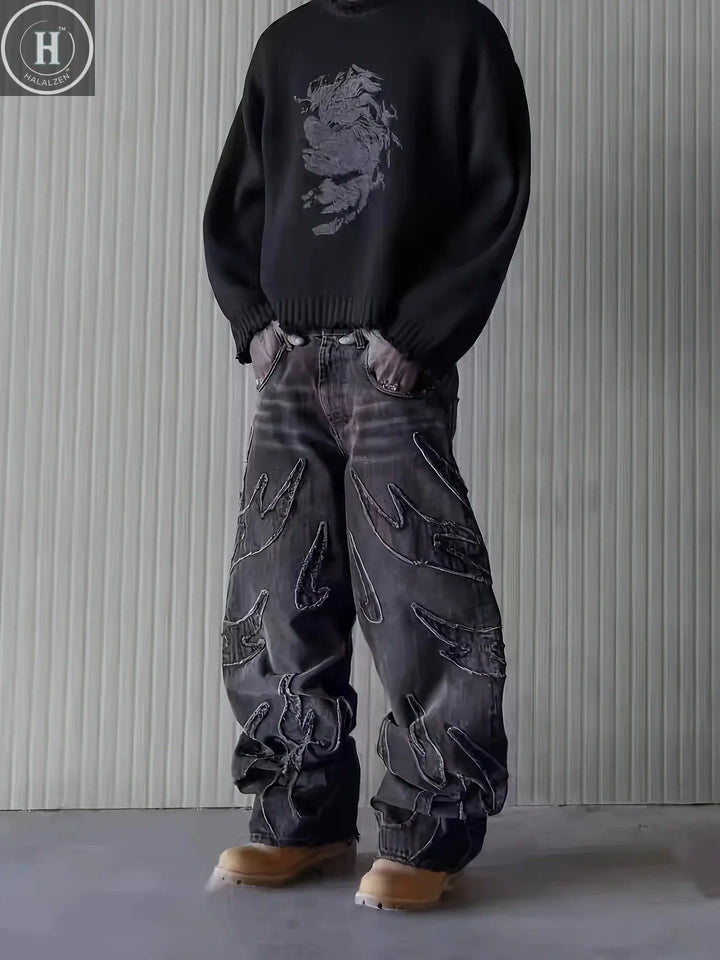 European and American Embroidered Street Graffiti Wide-Leg Jeans for Men, Loose Flame Vintage-Style Casual Trousers Halalzen UK