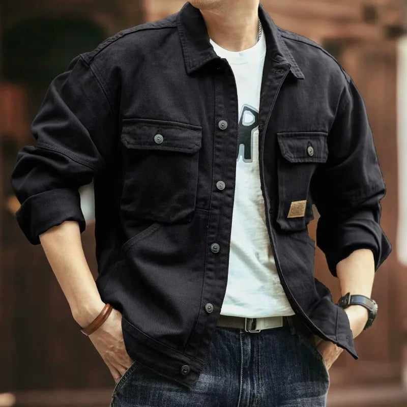 Heavy Washed Denim Cargo Jackets For Man, Plus Size Men's Jeans Jackets, American Retro Lapel Workwear Coat Men