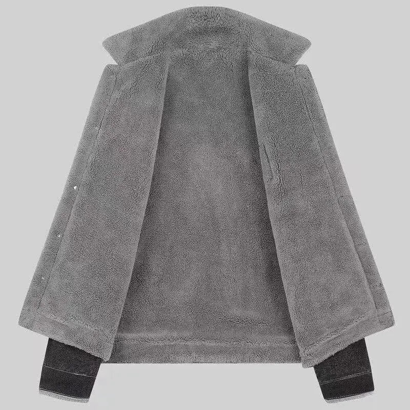 Men's Winter Denim Jaet Lamb Velvet Warm Fur Collar Cotton Workwear Jaet Slim Fit Korean Sle Youthful Long Sve Zipper