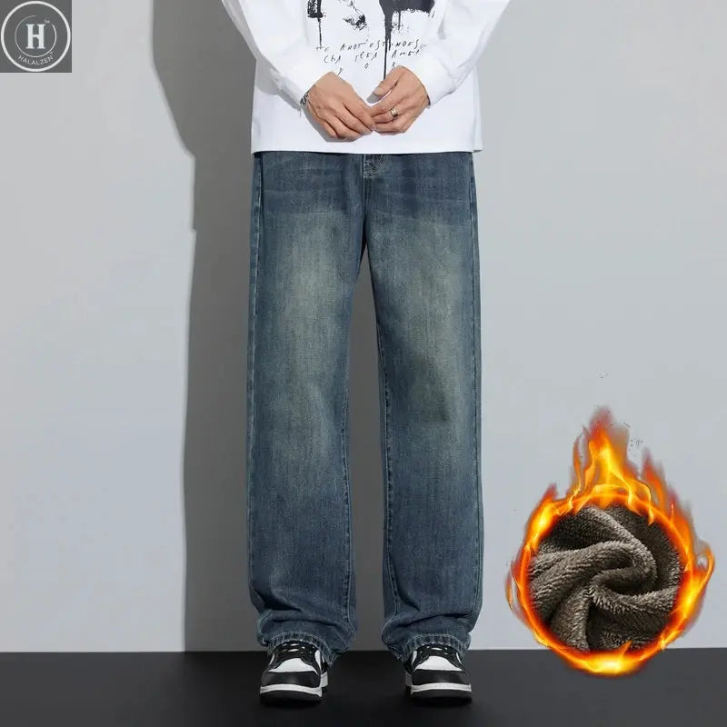 High Quality Winter Fleece Wide Legs Men's Jeans Warm Thickened Velvet Loose Straight Casual Denim Pants Korean Fashion Trousers HALALZEN