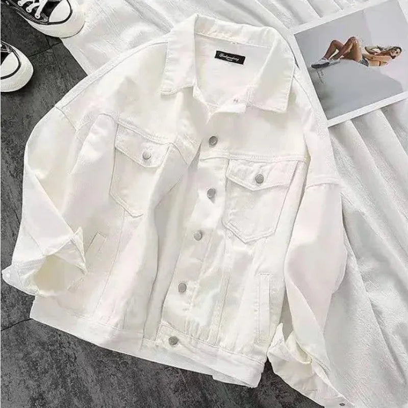 Women's Denim Jacket Spring Autumn White Cotton Long Sleeve Internet Famous Vintage Loose Fit New Style Casual Coat Top