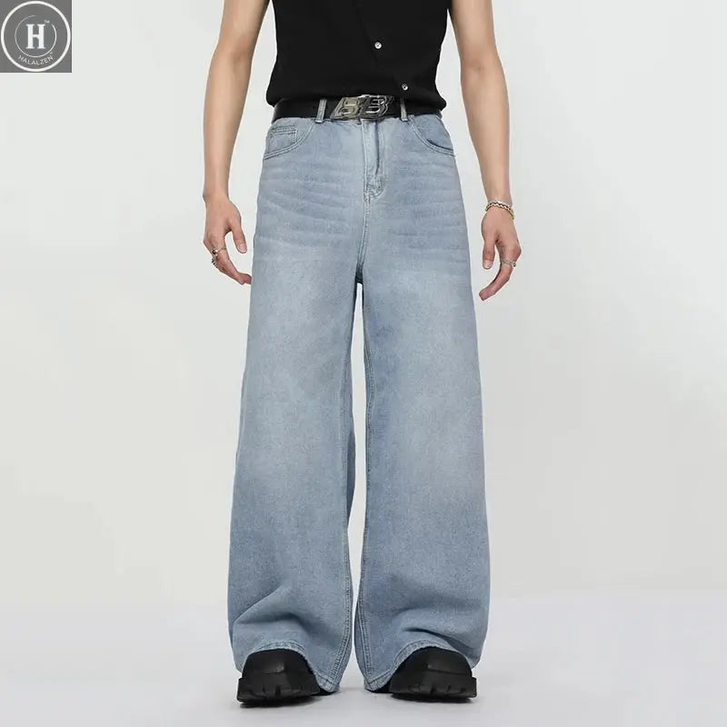 Summer Men Denim Jeans Male Wash Straight Wide Leg Baggy Loose Trousers New Fashion High Street Hot Sale Casual Trousers Halalzen UK