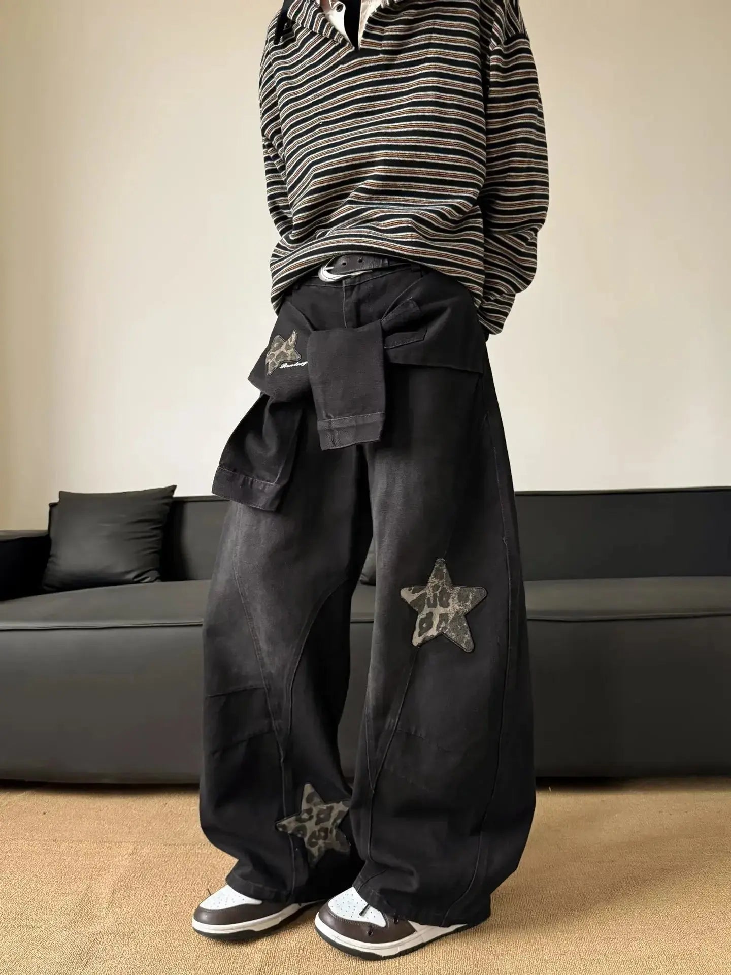 Men's Wide Leg Jeans with Patchwork Embroidery - Deconstructed Scimitar Straight Leg Pants, Button Closure Washed, Loose Fit Ame Halalzen UK