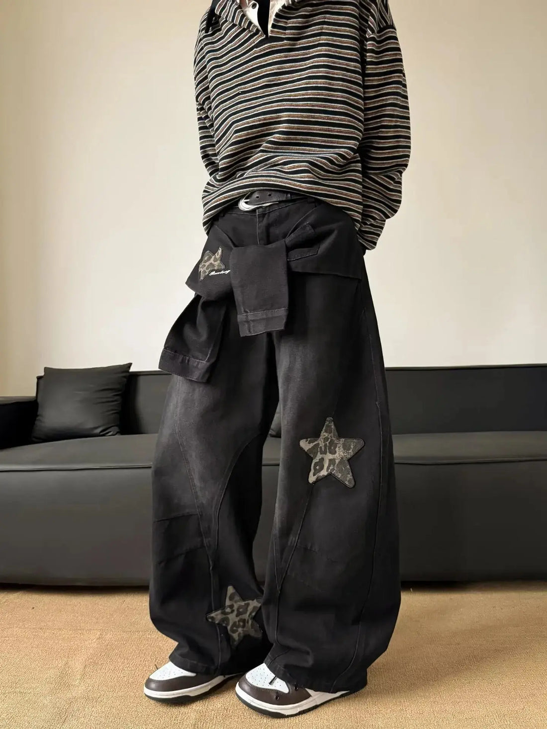 Men's Wide Leg Jeans with Patchwork Embroidery - Deconstructed Scimitar Straight Leg Pants, Button Closure Washed, Loose Fit Ame Halalzen UK