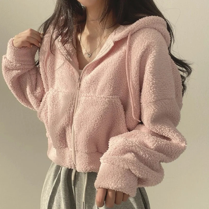 Women Autumn Winter Thicken Warm Fleece Hoodie Zipper Drawstring Short Coat Lamb Fur Velvet Jacket Casual Sweatshirt Streetwear