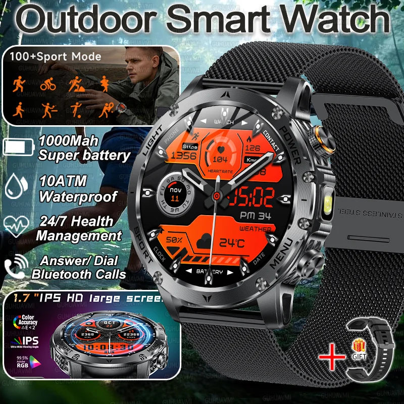 2026 New Military Smart Watch 1000Mah Battery Fitness Tracking 10ATM Waterproof Tactics Sport Flashlight call Bracelet For Men