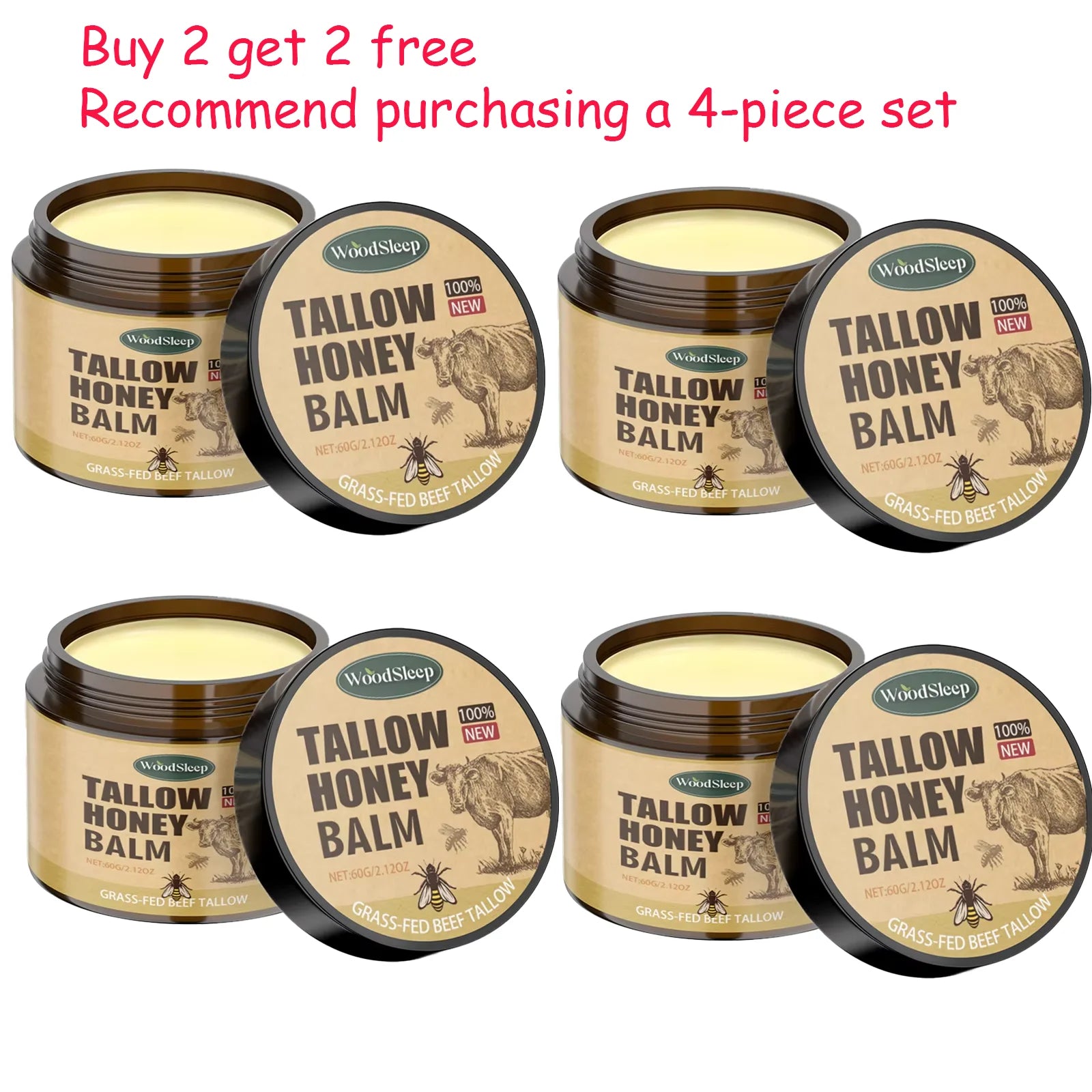 WoodSleep 60g Beef Tallow Honey Face Moisturizer - Intense Hydration for Dry Skin, Anti-Chapping Winter Skincare for Women & Men