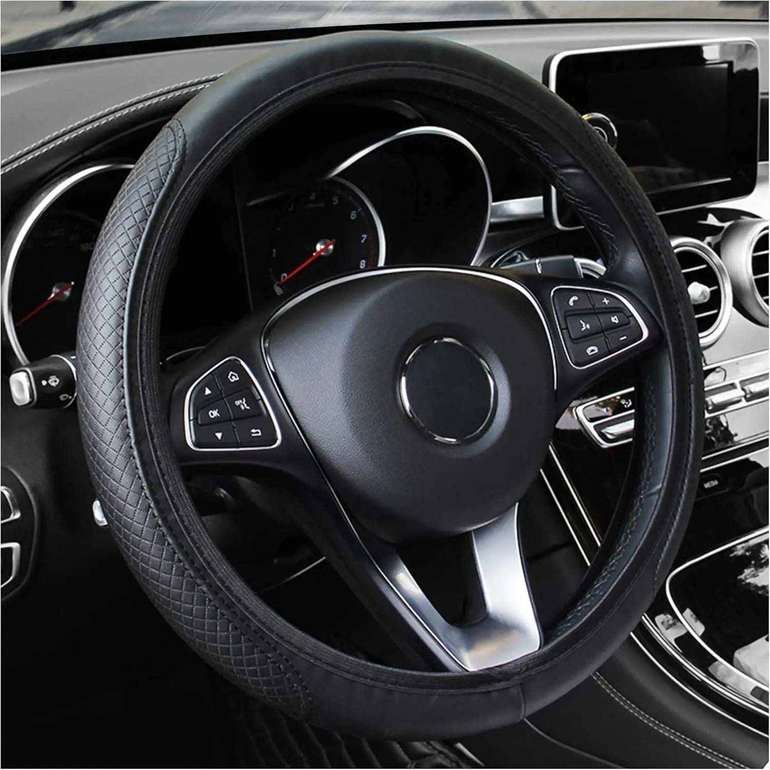 14.5-15inch Steering Wheel Cover Soft PU Leather Car Steering Wheel Cover with Anti-Slip Linning Universal 37-38cm Size
