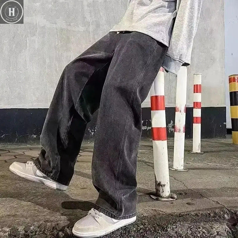 Men's Winter Fleece Loose Jeans  Elastic Waist Wide Leg Y2K Denim Pants Straight Comfortable Brand Men's Clothing HALALZEN