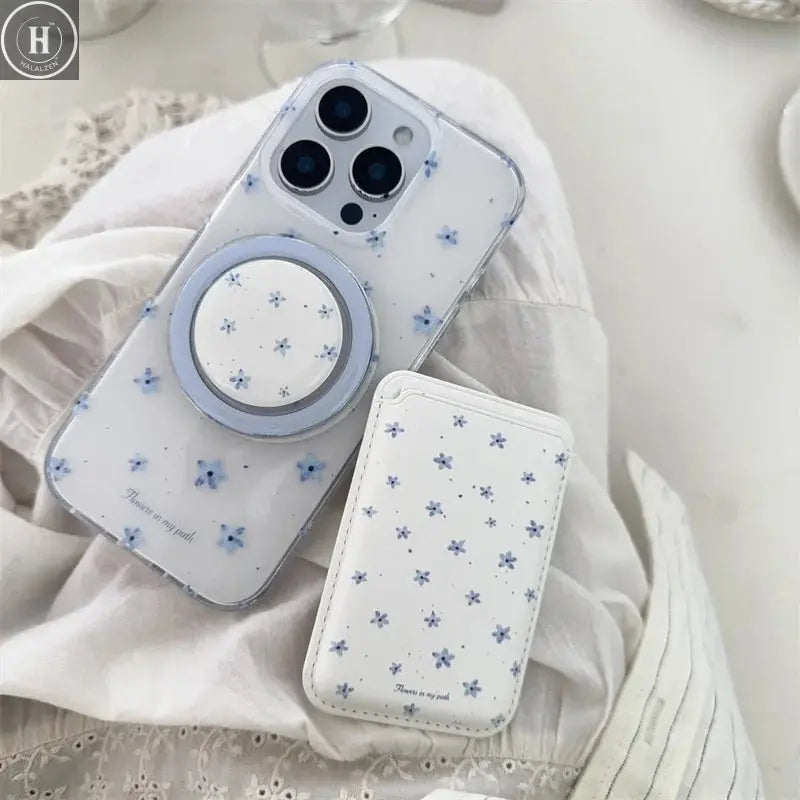Korean Ins Flower Magnetic Stand Phone Case For iPhone 16 Pro 15 14 13 Pro Max Cover with Magsafe Card Holder Cute Cases Funda Halalzen UK