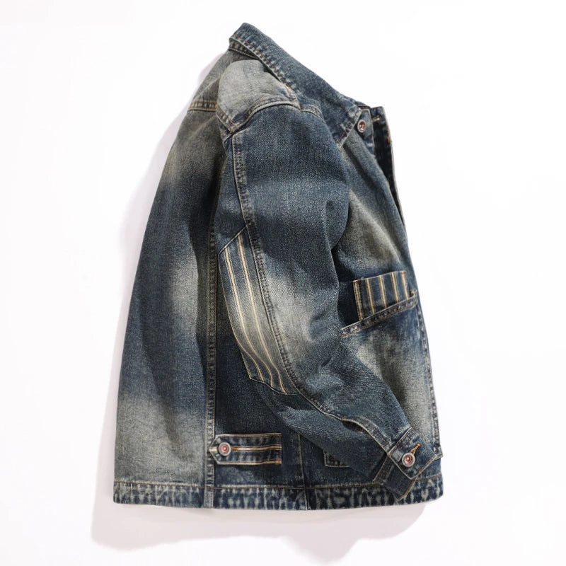 Large Pockets Cargo Denim Jacket for Men Spring Autumn Retro American Utility Jacket Trendy Casual Denim Jeans Coat