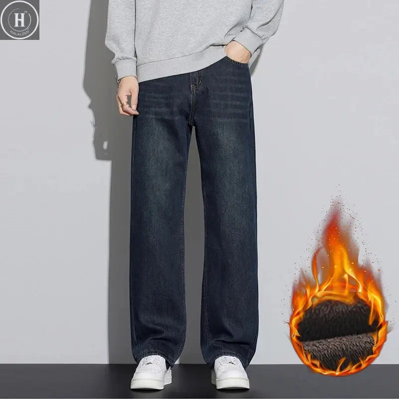 Men's Winter Thick Fleece Lined Jeans Fashion Loose Straight Wide Leg Denim Pants Warm Casual Baggy Male Trousers Streetwear Halalzen UK