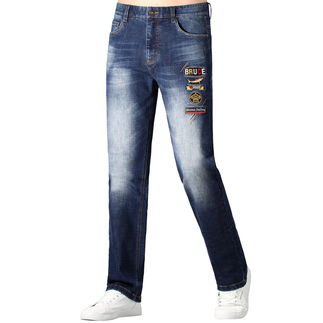2025 Stretch Men's Jeans, New Trend Embroidered Blue Jeans, Bruce&Shark Loose Straight Leg Jeans For Man, Thick Cotton Big Size