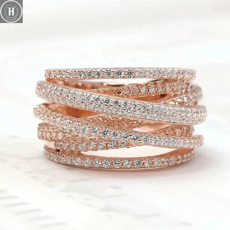 Luxury Female Rings 925 Sterling Silver Multi Layered Cross Ring for Women Micro Inlaid Zircon Promise Love Engagement Jewelry HALALZEN