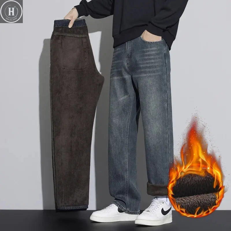 Men's Winter Thick Fleece Lined Jeans Fashion Loose Straight Wide Leg Denim Pants Warm Casual Baggy Male Trousers Streetwear Halalzen UK