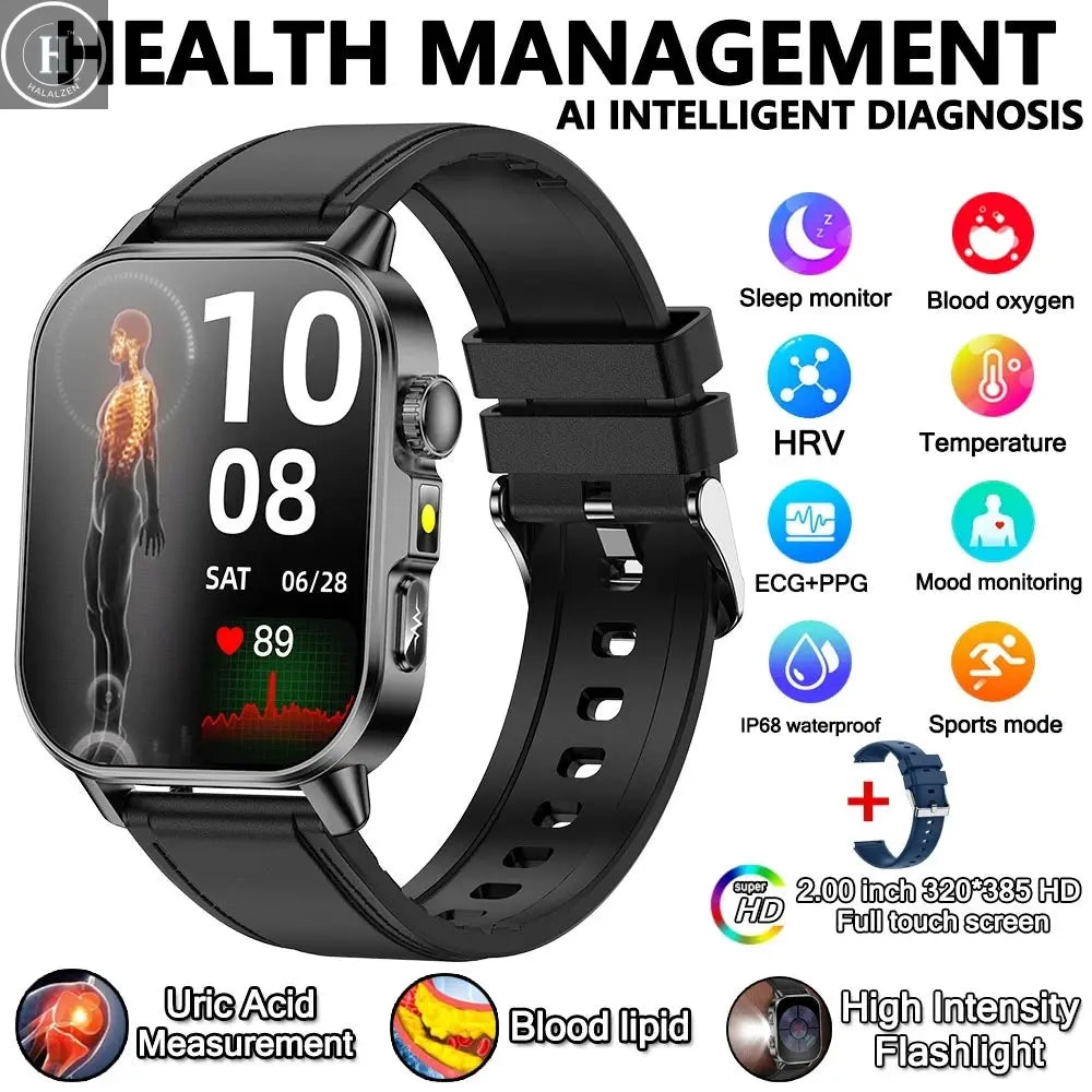 2026 New Model Uric Acid & Lipid Health Analysis Smart Watch Men ECG+PPG Bluetooth Call 2.01-inch Flashlight Smartwatch Women HALALZEN