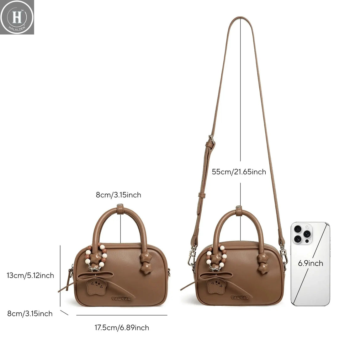 TOUTOU Brown Bowling Bag Y2K Retro Women's Crossbody Bag PU Leather boston bag Mini Handbag Solid Color Commuting Purse HALALZEN