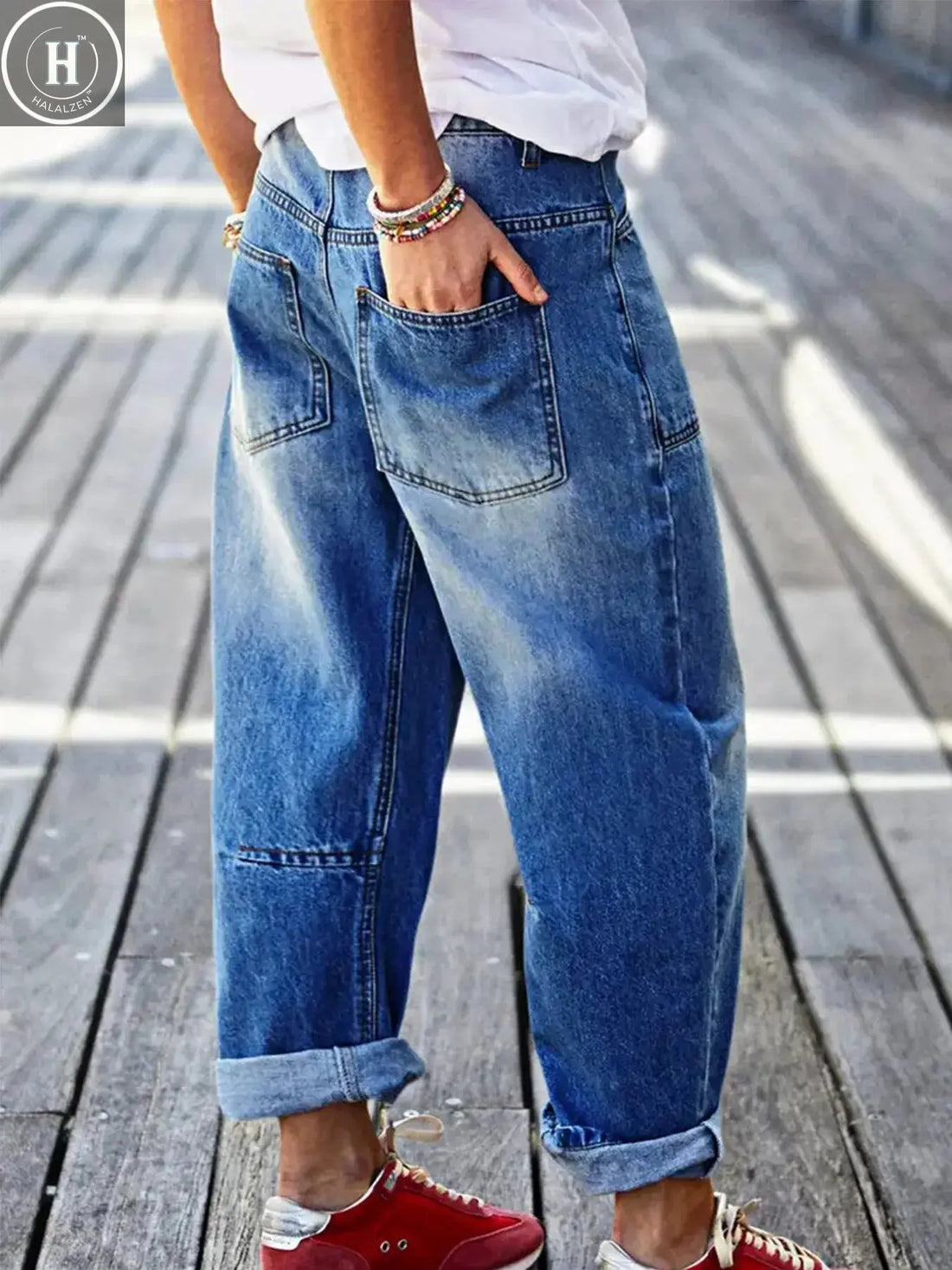 Mid-waist fashionable casual blue jeans for women, versatile, cuffed design, suitable for all seasons, clearance sale, autumn ne Halalzen UK