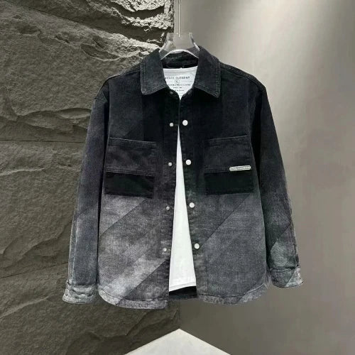 Men's Casual Loose Fit Denim Jacket With Patchwork Design And Faded Wash Turn Down Collar Single Breasted Long Sleeve Outerwear