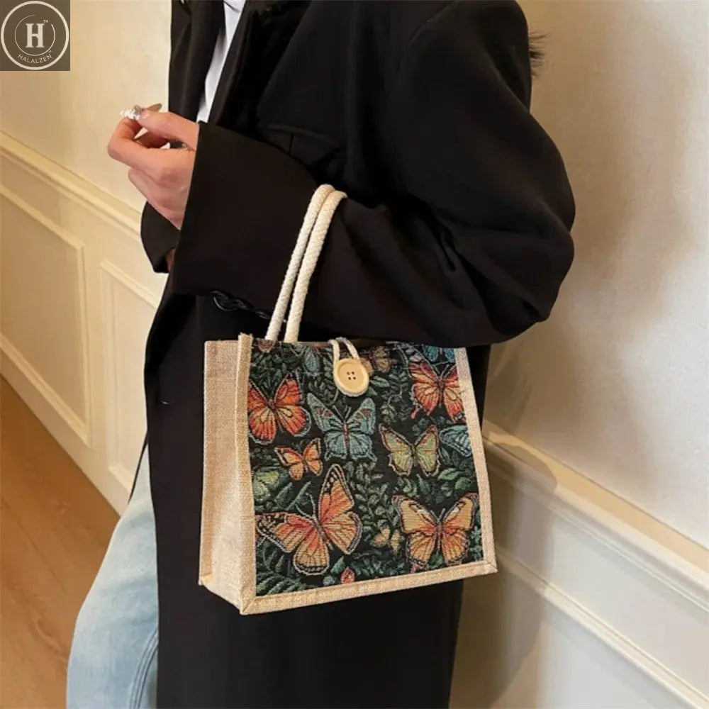 Fashion Linen Small Handbag Butterfly Printed Canvas Bag Party Gift Packing Bag Women Small Tote Bags Portable Shopping Bag HALALZEN
