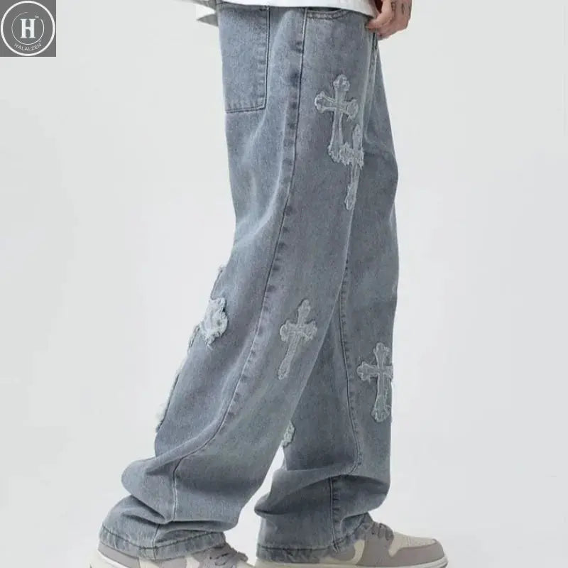 2025 new high street loose white cross jeans men's jeans Y2k loose pants loose cross design straight leg jeans men's Halalzen UK