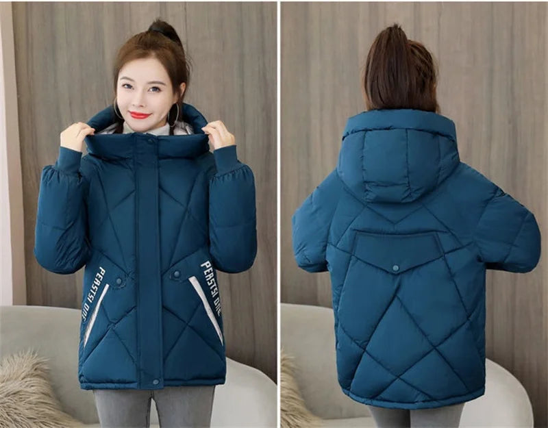 2024 New Autumn Winter Waterproof Windbreaker Puffer Jacket New Women Hooded Black Snow Parka Short Cotton Padded Jacket Coat