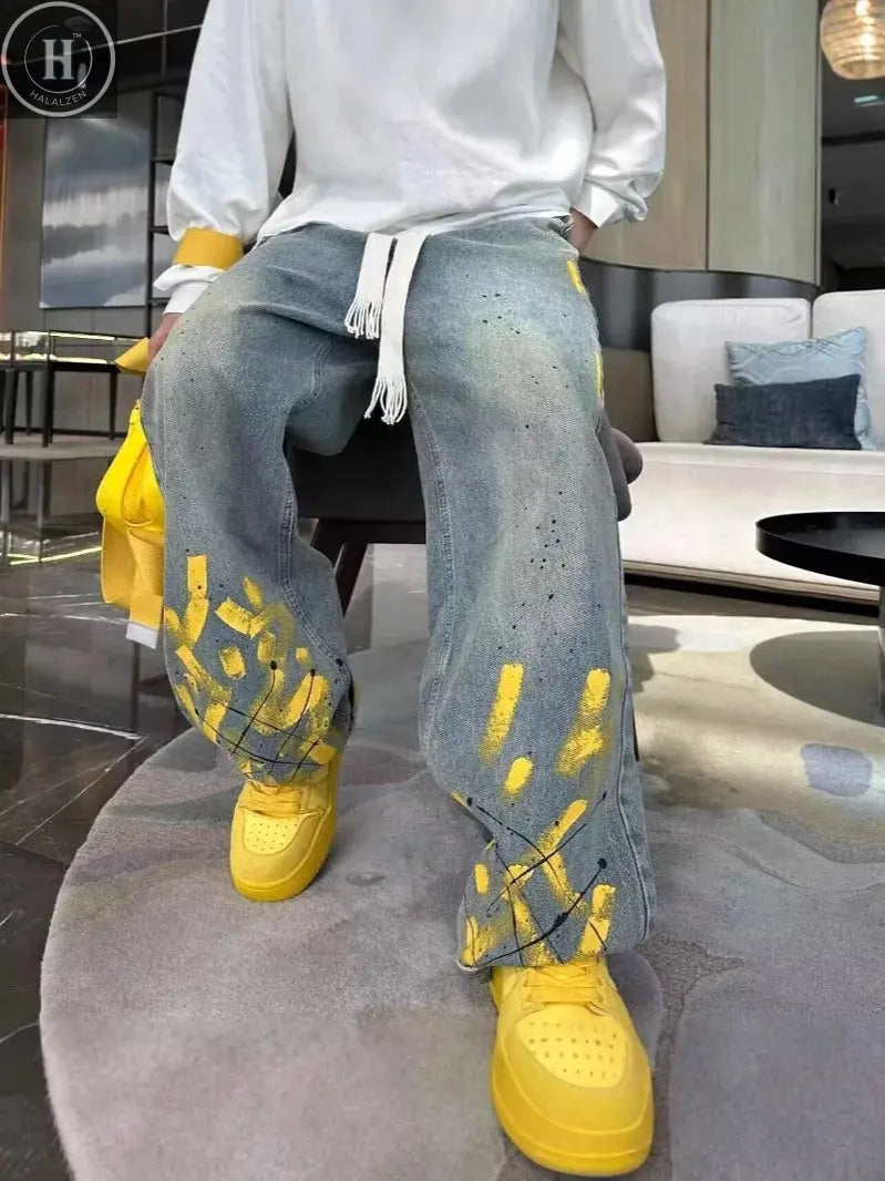 Light Blue Jacquard Streetwear Jeans for Men & Women - Straight Flared Pants with Elastic Waistband, Machine Washable, All-Seaso Halalzen UK