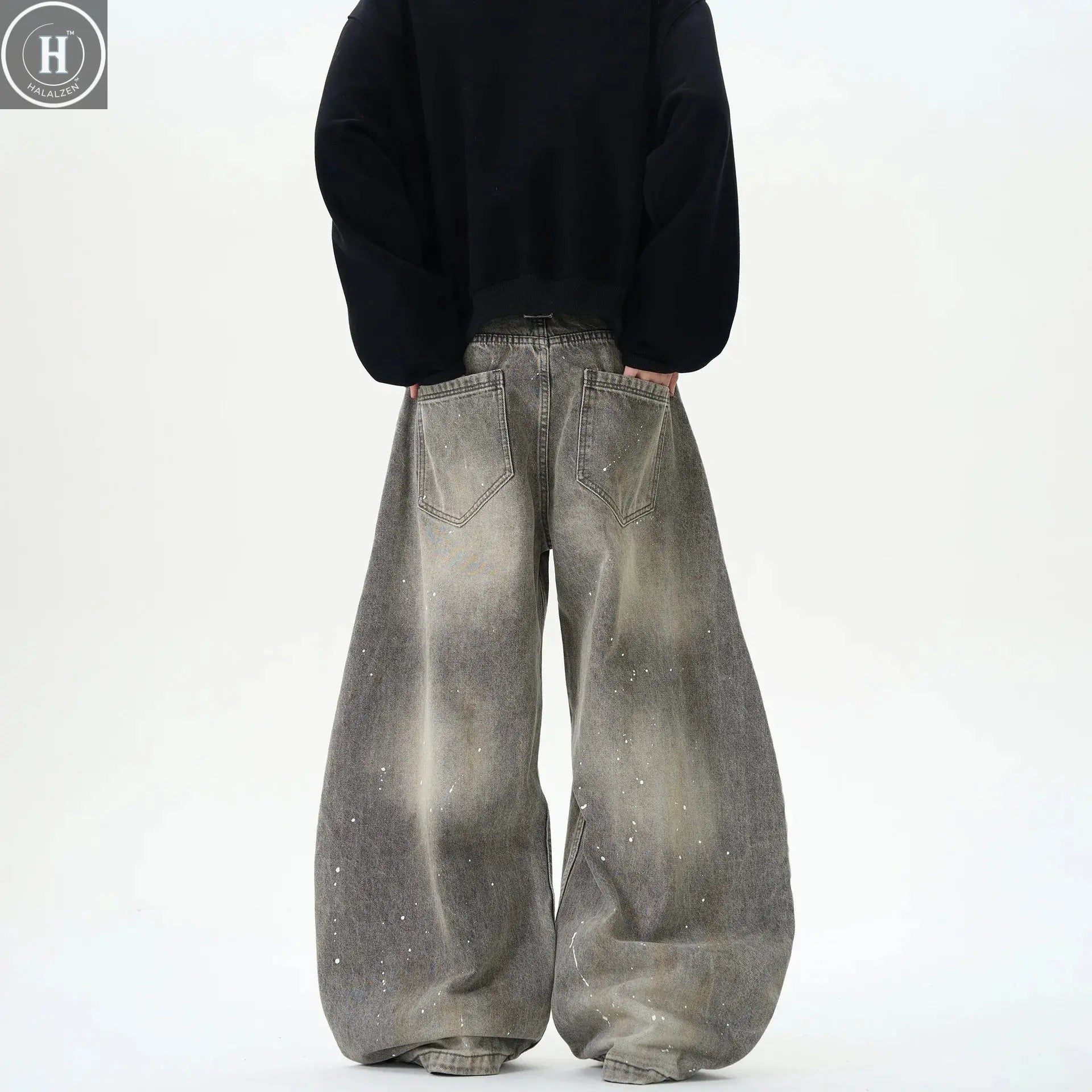 Retro Washed Distressed Grey Spray Ink Bent Knife Jeans Men's Casual American Street Loose Long Pants Straight Leg Jeans Halalzen UK