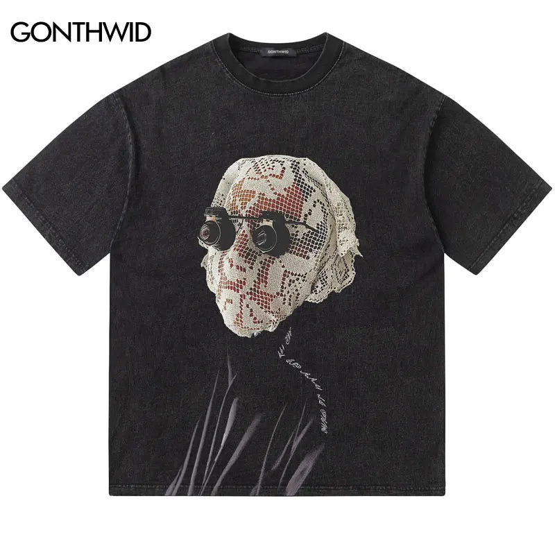 Vintage T-Shirt Funny Lace Mask Graphic Print Washed Hip Hop Punk Gothic Tshirt Streetwear 2024 Harajuku Summer Loose Cotton Top