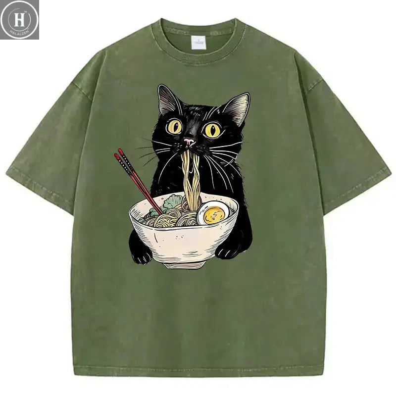Unisex Hip Hop T Shirt Vintage Washed 100% Cotton T-Shirt Black Retro Cat Eating Ramen Graphic Tee Casual Streetwear HALALZEN
