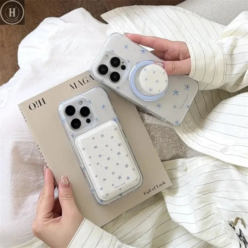 Korean Ins Flower Magnetic Stand Phone Case For iPhone 16 Pro 15 14 13 Pro Max Cover with Magsafe Card Holder Cute Cases Funda Halalzen UK