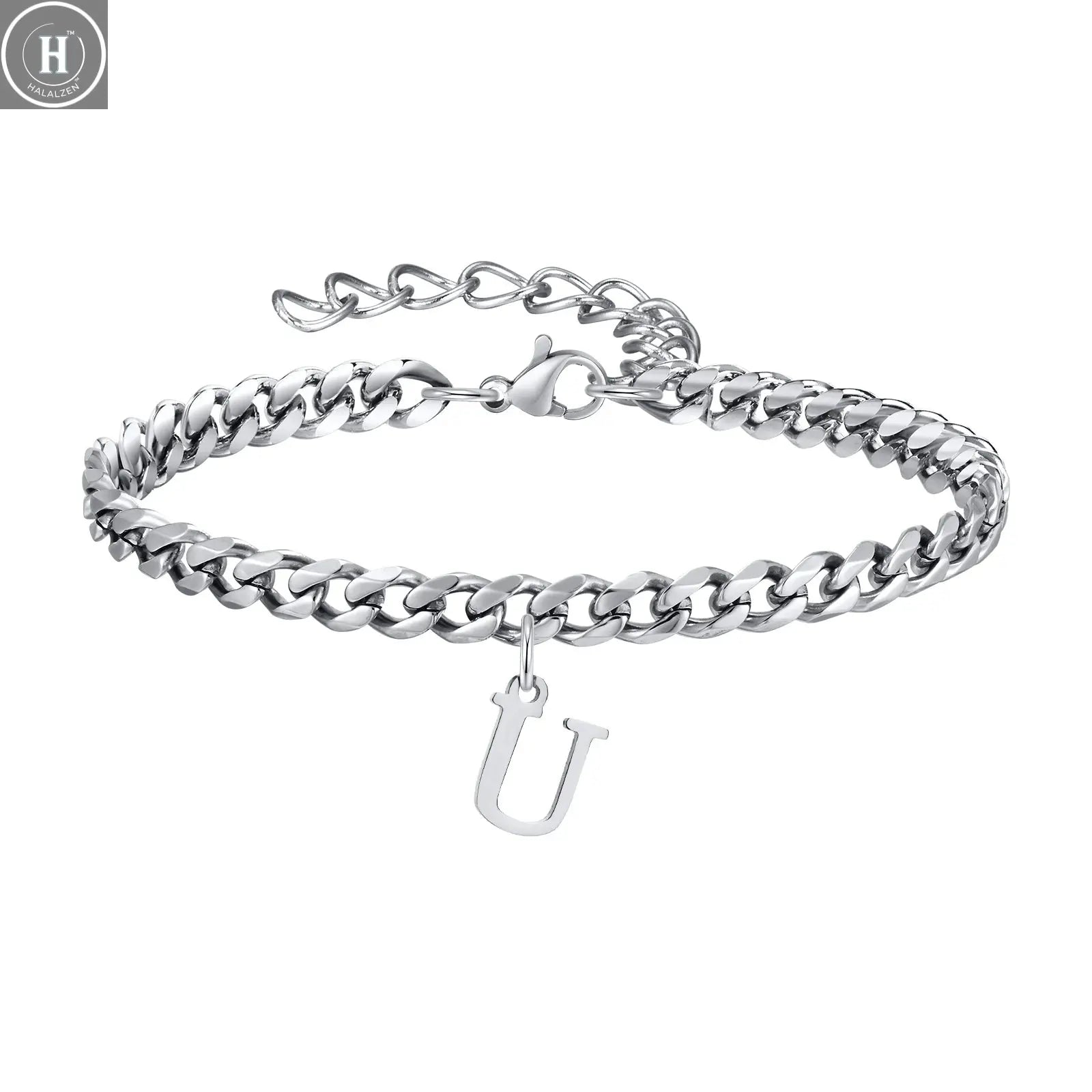 Mens Initials Cuban Links Bracelets,Stainless Steel A-Z 26 Letters Alphabet Charm Chain Wristband Adjustable,Casual Jewelry Gift HALALZEN