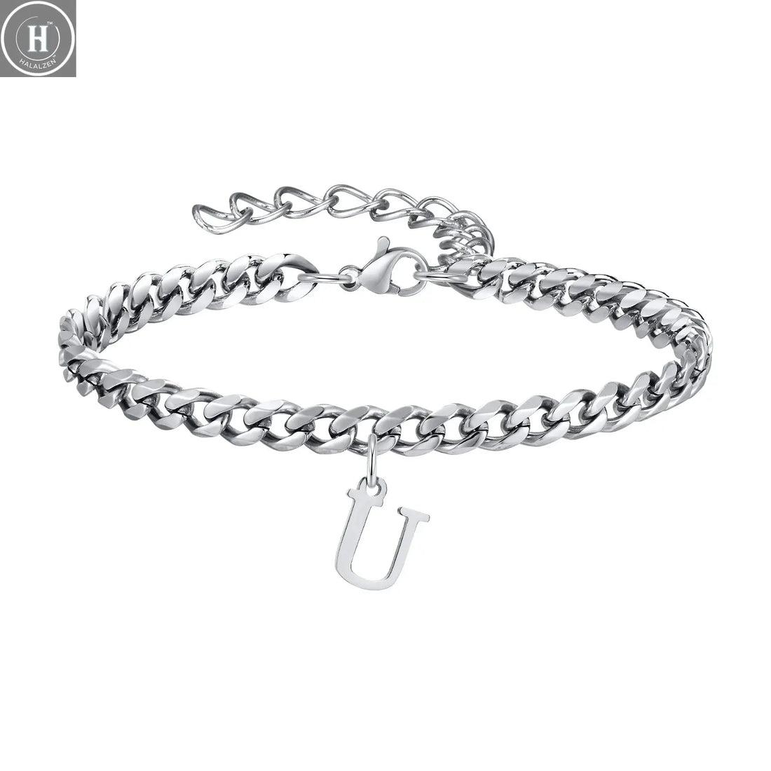 Mens Initials Cuban Links Bracelets,Stainless Steel A-Z 26 Letters Alphabet Charm Chain Wristband Adjustable,Casual Jewelry Gift HALALZEN