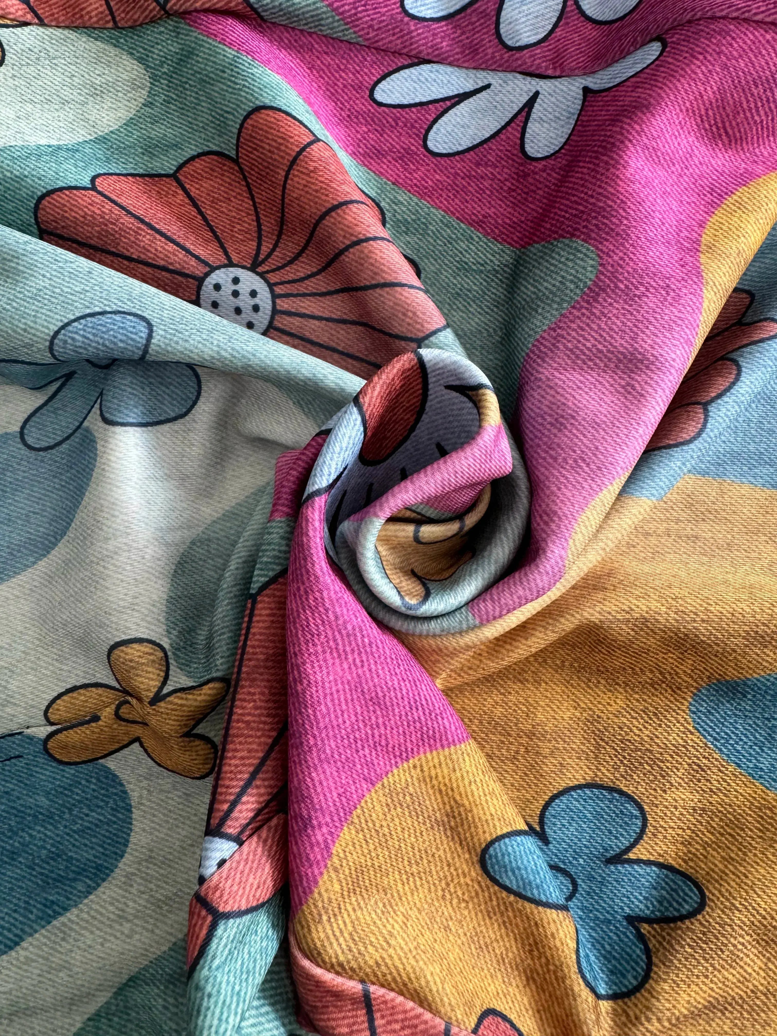 Plus Size Women's Thin Imitation Denim Bell-Bottom Pants with Sunflower and Daisy Flower Print Elastic Belt and Diagonal Flap Pocket Pantss, Comfortable and Fashionable in All Seasons Halalzen UK