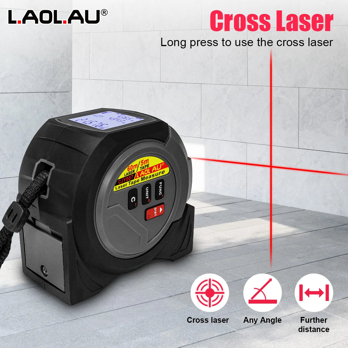 3-In-1 Laser Rangefinder 5m Tape Measure 60M/196Ft / 40M/131Ft Handheld Laser Meter Measuring Tool Cross Line Laser Level BUCKLE