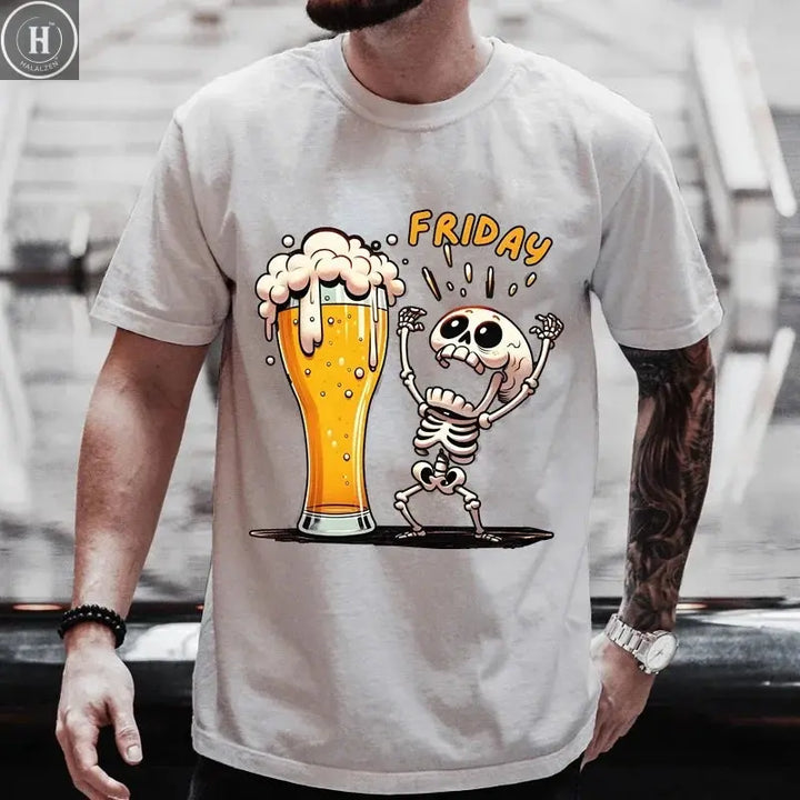 Summer Hot Sale Beer T-Shirts Funny 3D Skull Print T Shirt For Men Fashion New Oversized T-shirt Casual O-neck Short Sleeve Tops HALALZEN