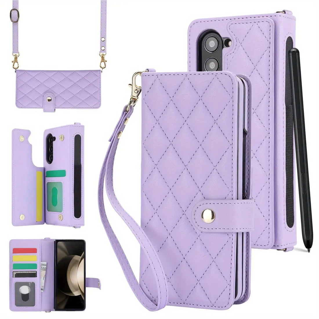 PU Leather Flip Wallet Case For Samsung Galaxy Z Fold 6 5 4 3 5G With Holder Crossbody Wrist Strap Card Slot Stand Phone Cover