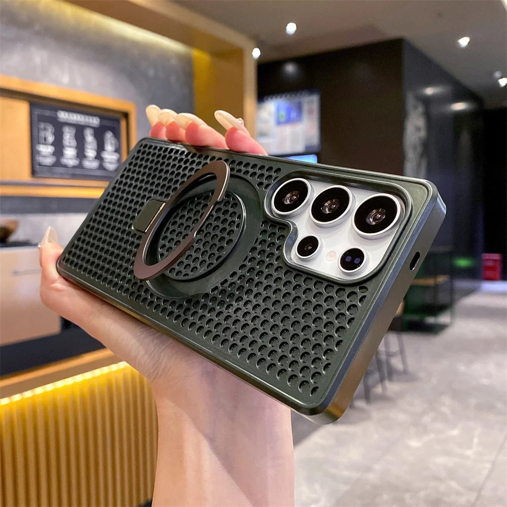 Magnetic Metal Fold Stand Heat Dissipation Phone Case for Samsung S25 S24 S23 Ultra FE S22 Plus 5G Luxury Protection Back Cover