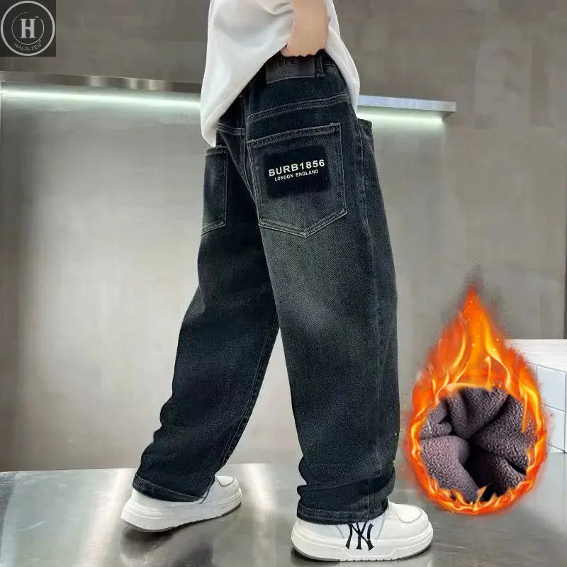 Boys Warm Plush Jeans Autumn Winter Straight Loose Fit Casual Trousers Kids Fashion Streetwear Denim Pants 5-14 Years HALALZEN