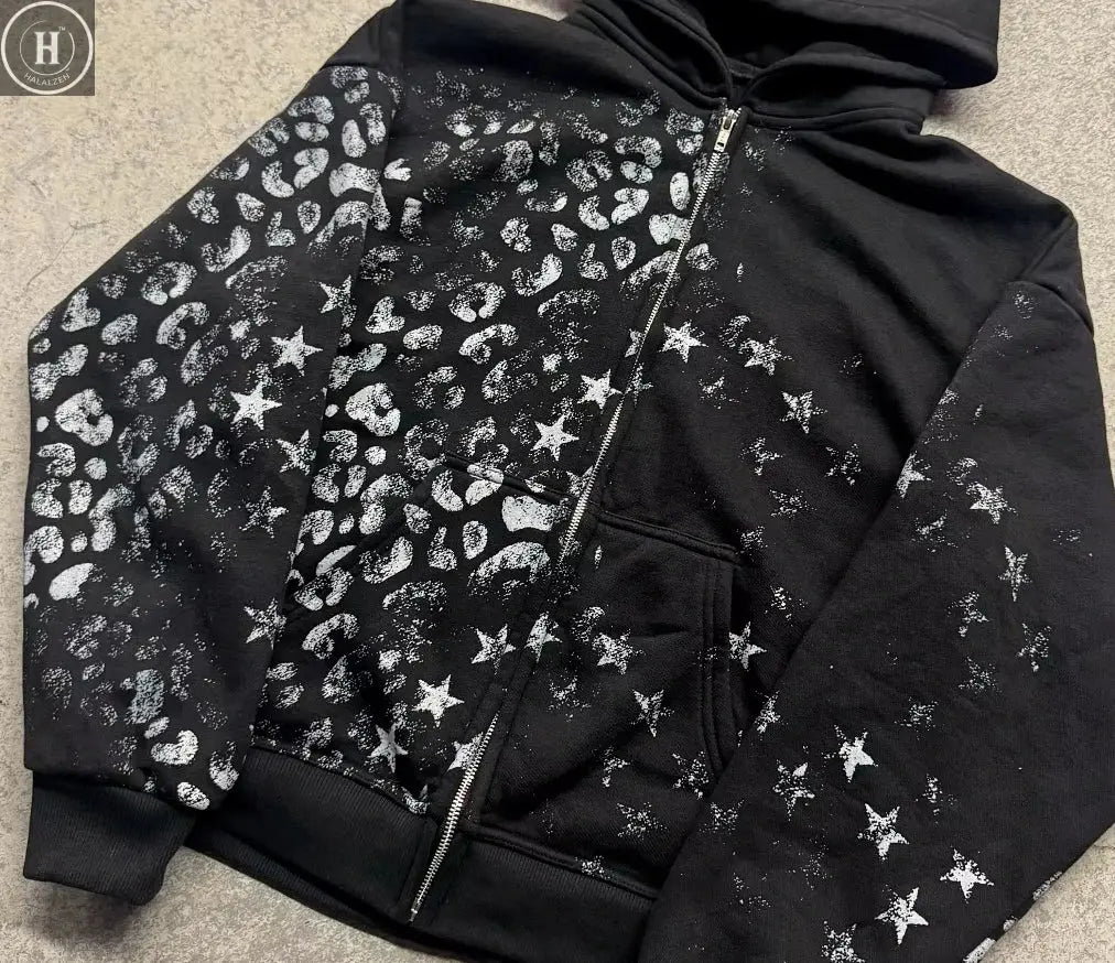 Exclusive design Dark leopard print star set Retro aging craftsmanship Trendy sweatshirt trousers suit HALALZEN