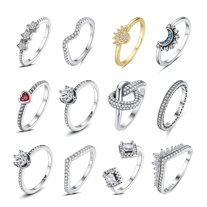 Original 925 Sterling Silver Ring Love Heart Wishbone Moon Sun Rings Crystal Rose Gold For Women Wedding Gift Luxury Jewelry