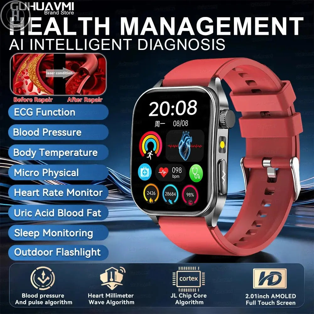 2026 New 650nm Laser Therapy Health Smartwatch Men ECG Blood Pressure Lipid Uric Acid Bluetooth Call Smart Watch For Android IOS HALALZEN