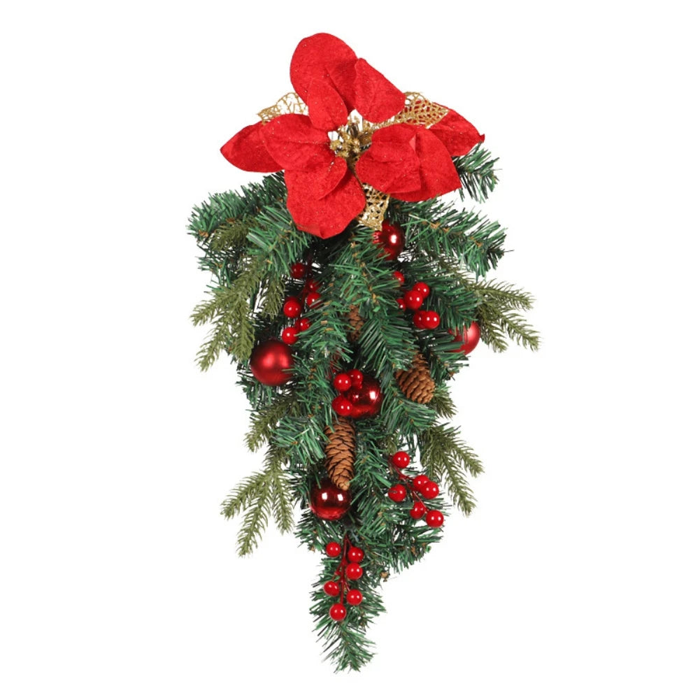 Christmas Front Door Wreath Red Berry Clusters Wreath Holiday Swag Pinecone Winter Teardrop Wreaths Hanger Decor Burlap Ribbon