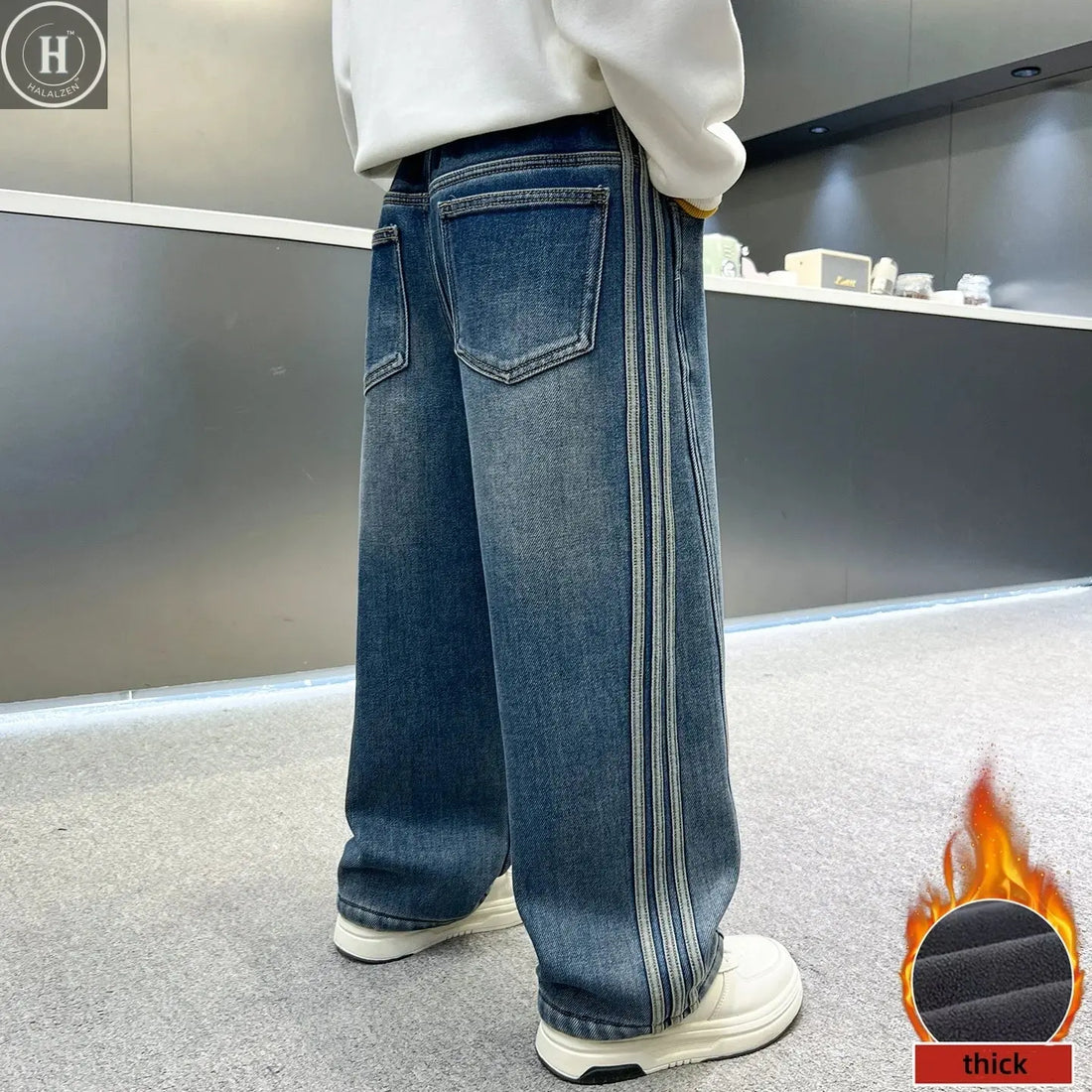 Kids Jeans Fleece Lined 5-16 Years Old Striped Loose Fit Warm Winter Pants Boys Thick Casual Trousers with Side Stripe Decor ﻿ HALALZEN