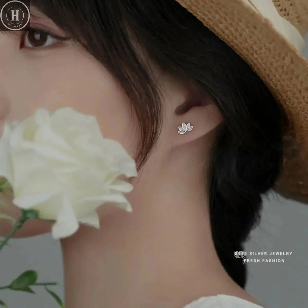 925 Sterling Silver Lotus Flower Small Stud Earrings For Women Piercing Luxury Elegant High Jewelry Best Selling HALALZEN