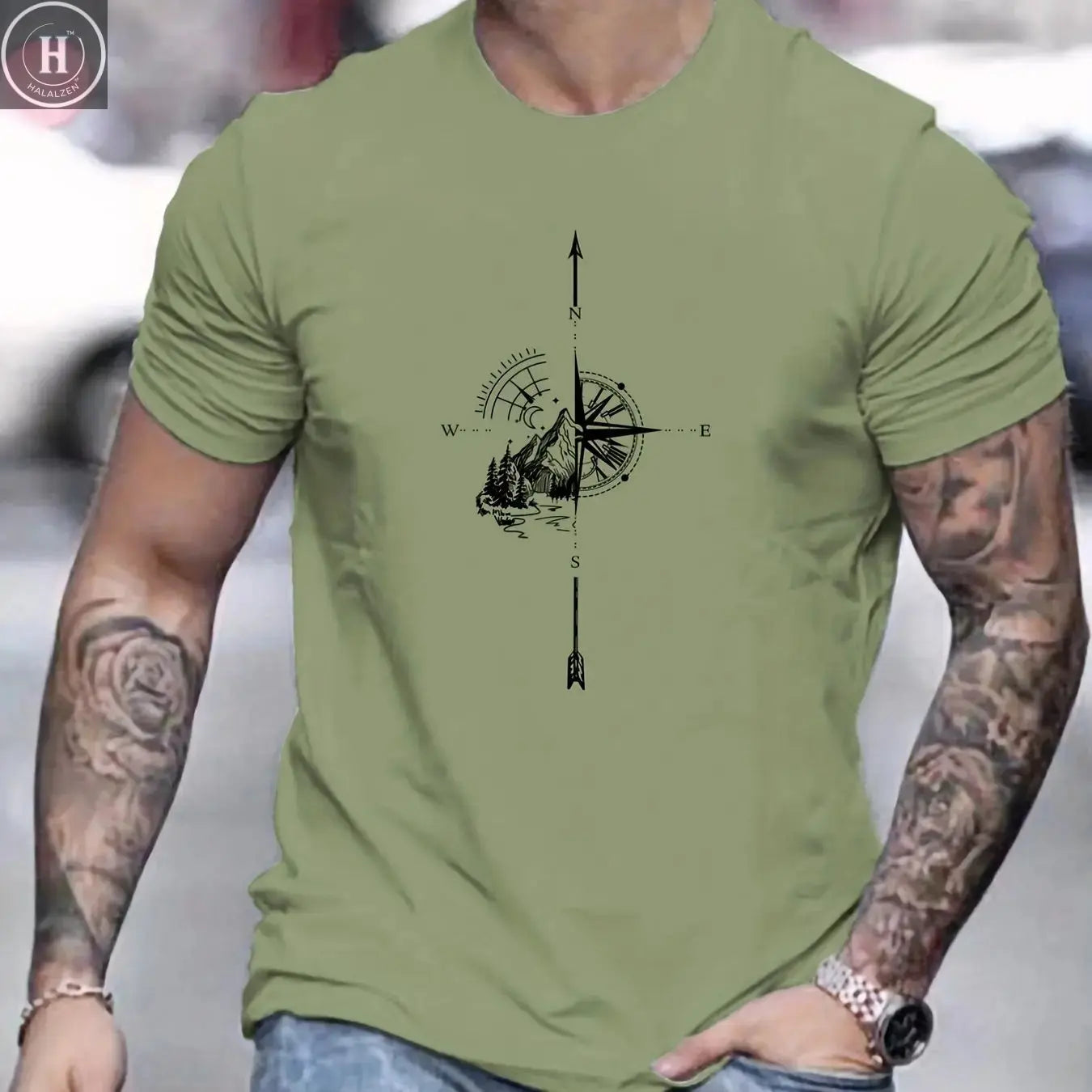 Men's Summer Casual Loose Size 100% Cotton Mountain Compass Pattern Print Round Neck Short Sleeve T-shirt Top HALALZEN
